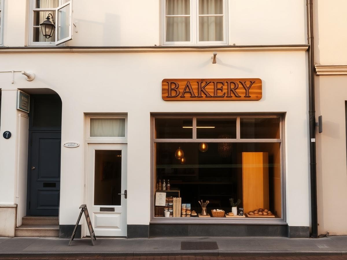 Warm white bakery shopfront on a quiet high street in morning light
