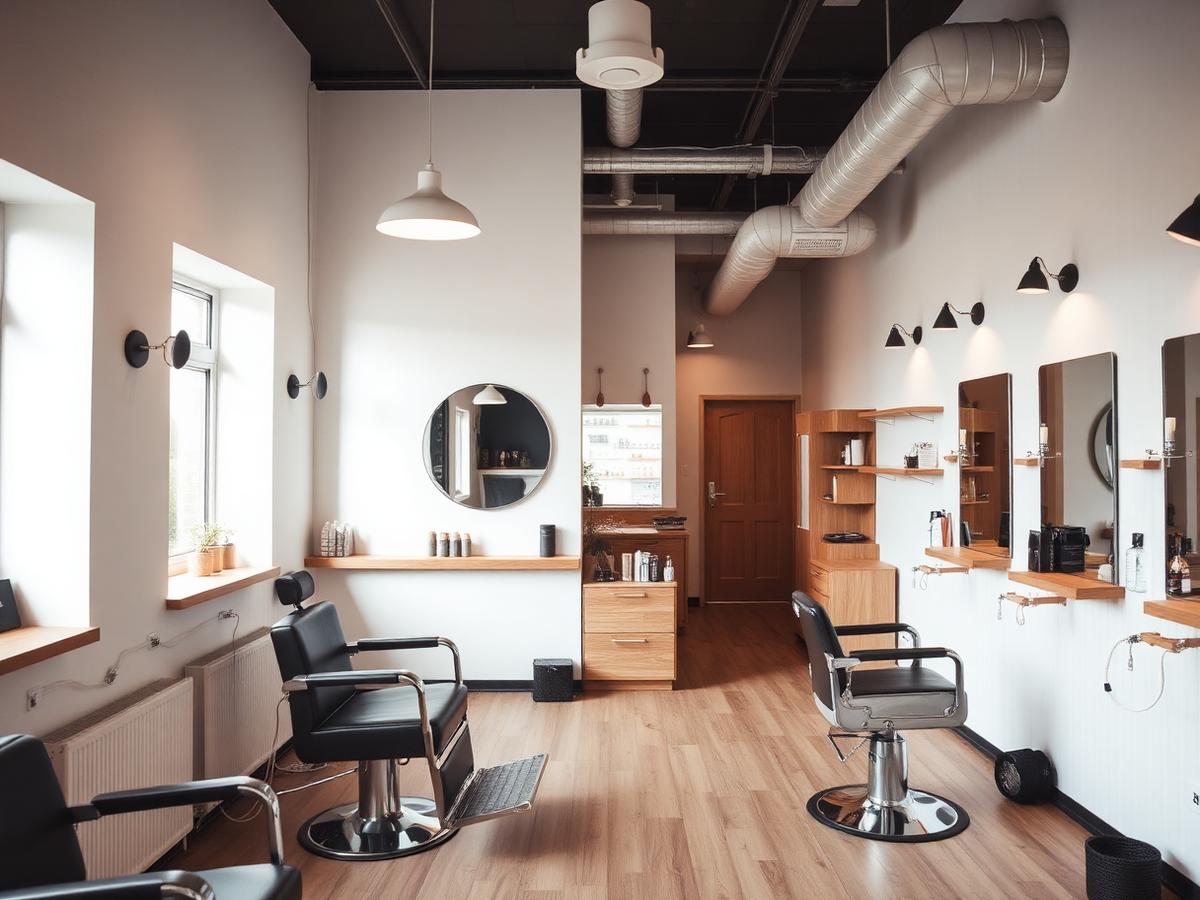 Interior of a modern independent barbershop with wooden fittings and daylight