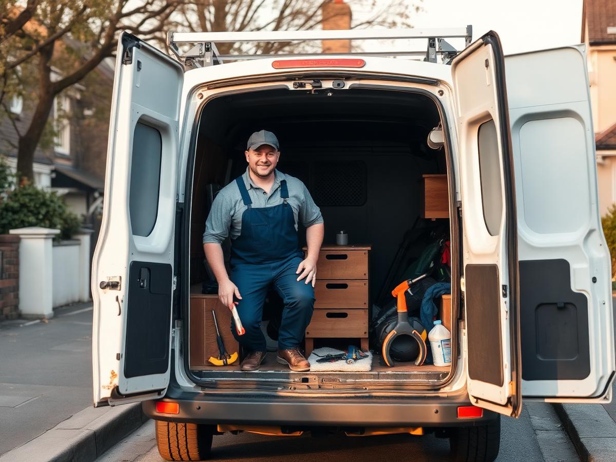 A plumber in clean workwear beside his tidy van on a residential street