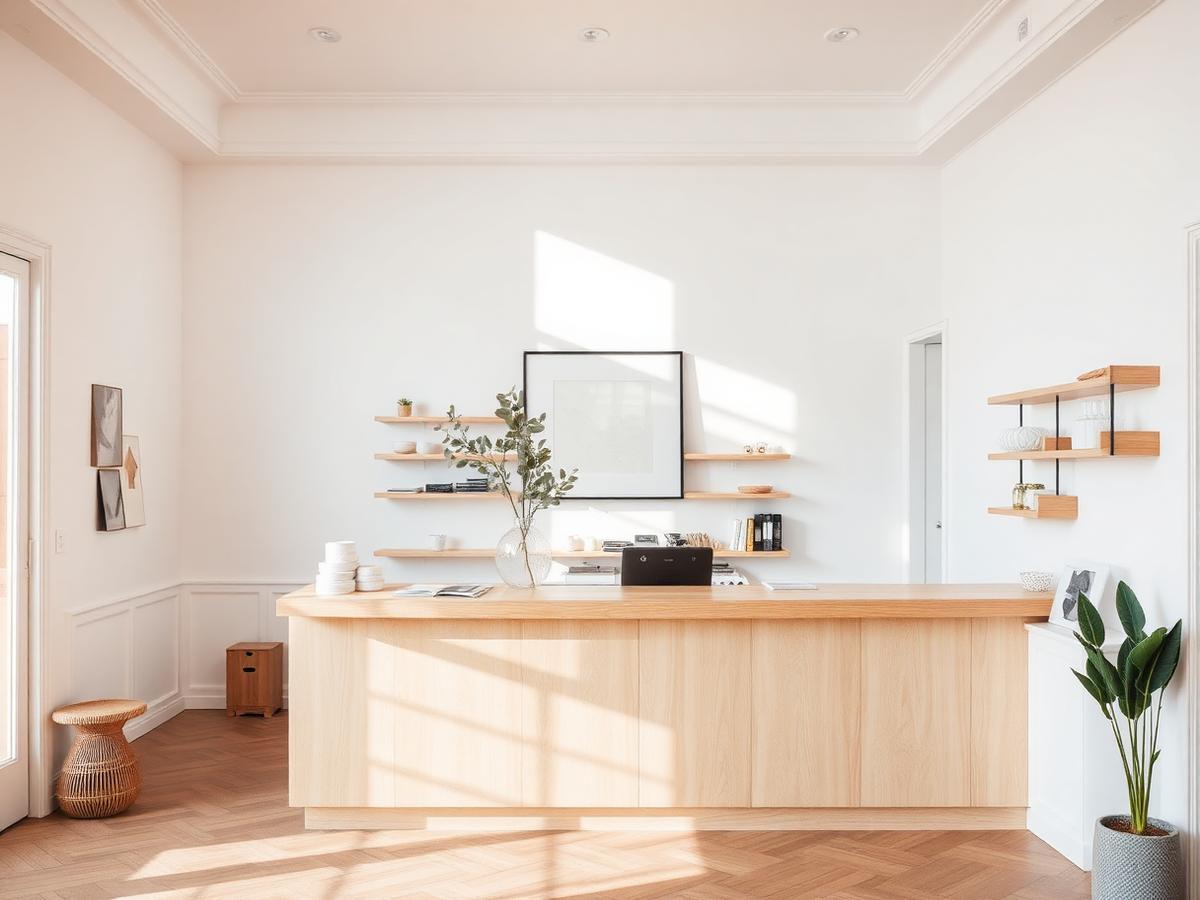 Bright minimal salon reception with a pale oak counter and eucalyptus