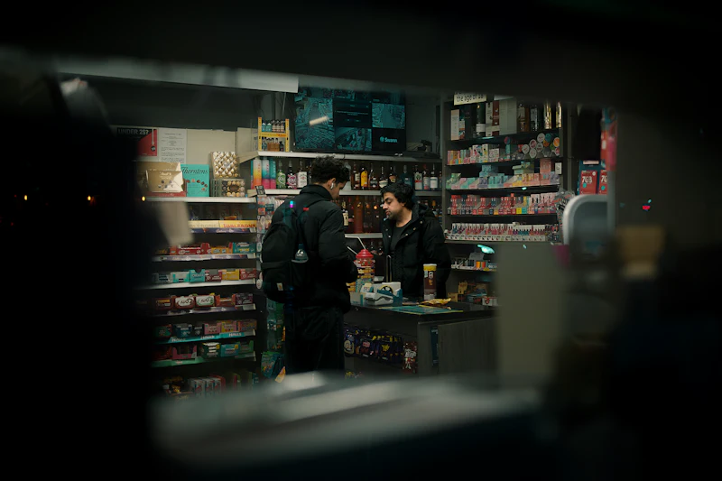 Two people talking inside a lit shop at night